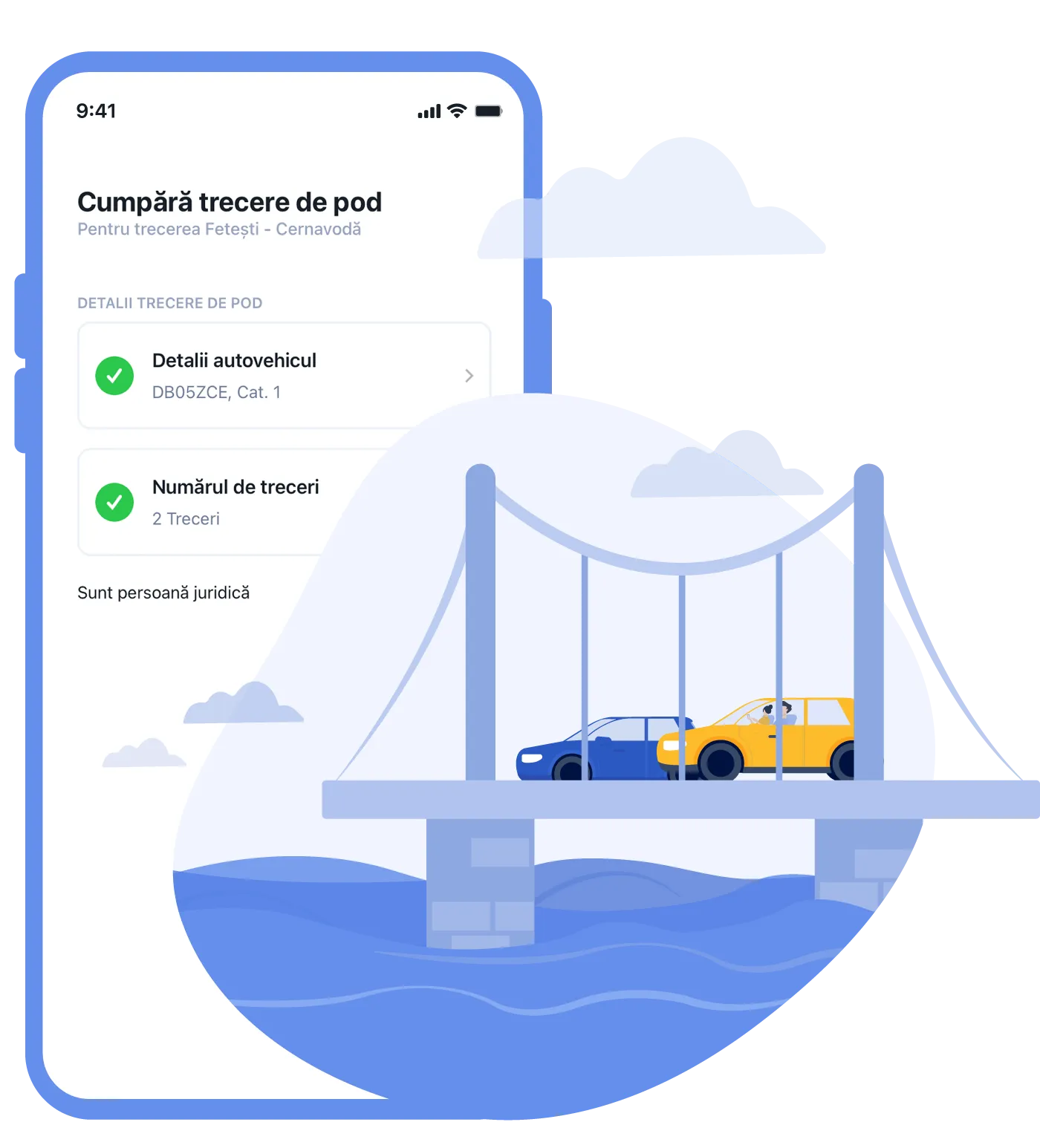 Ilustrație cu ecranul aplicației Pago afișând trecerea de pod Fetești