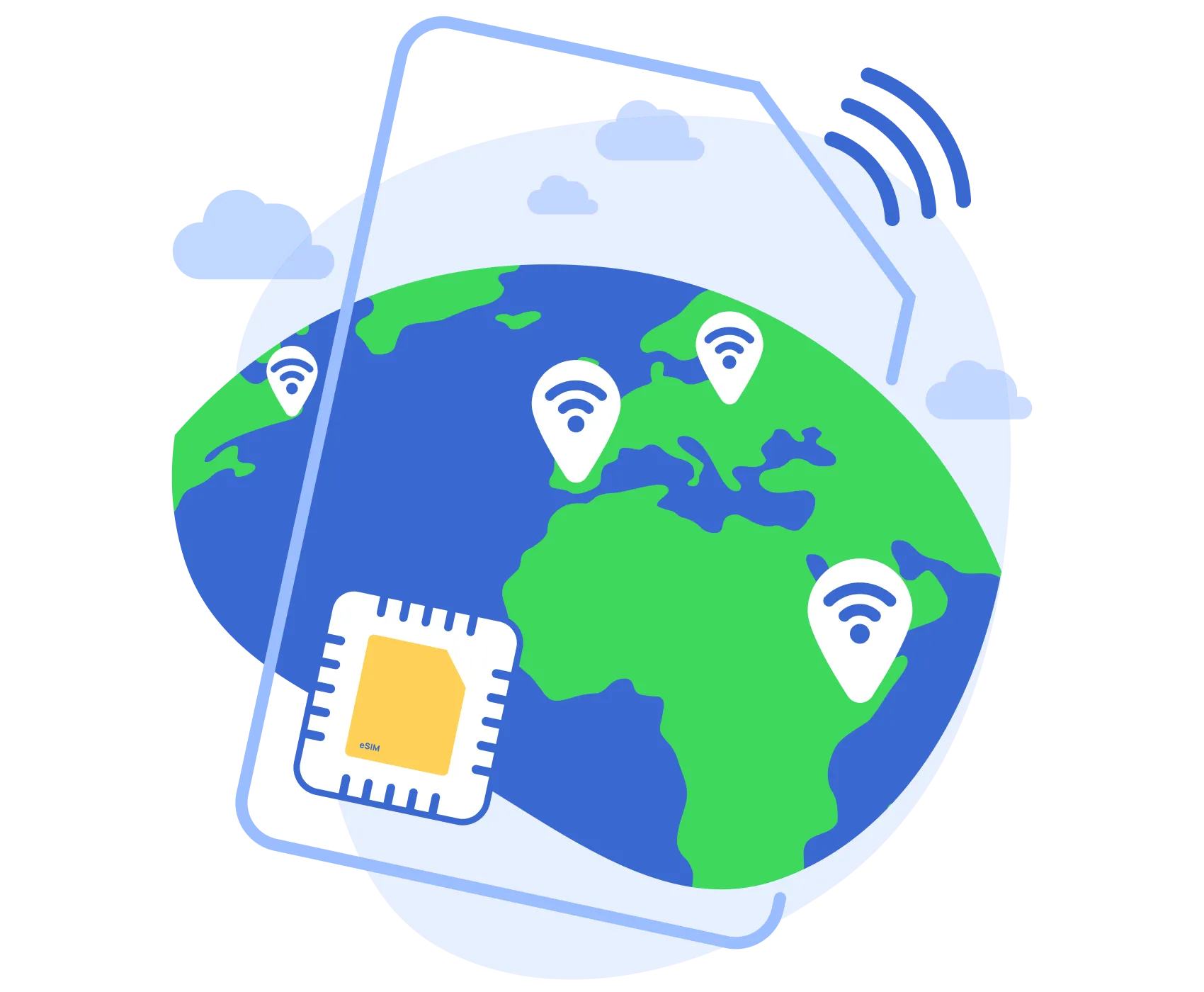 Pago-eSIM-Darstellung — Globus mit WLAN und eSIM-Chip