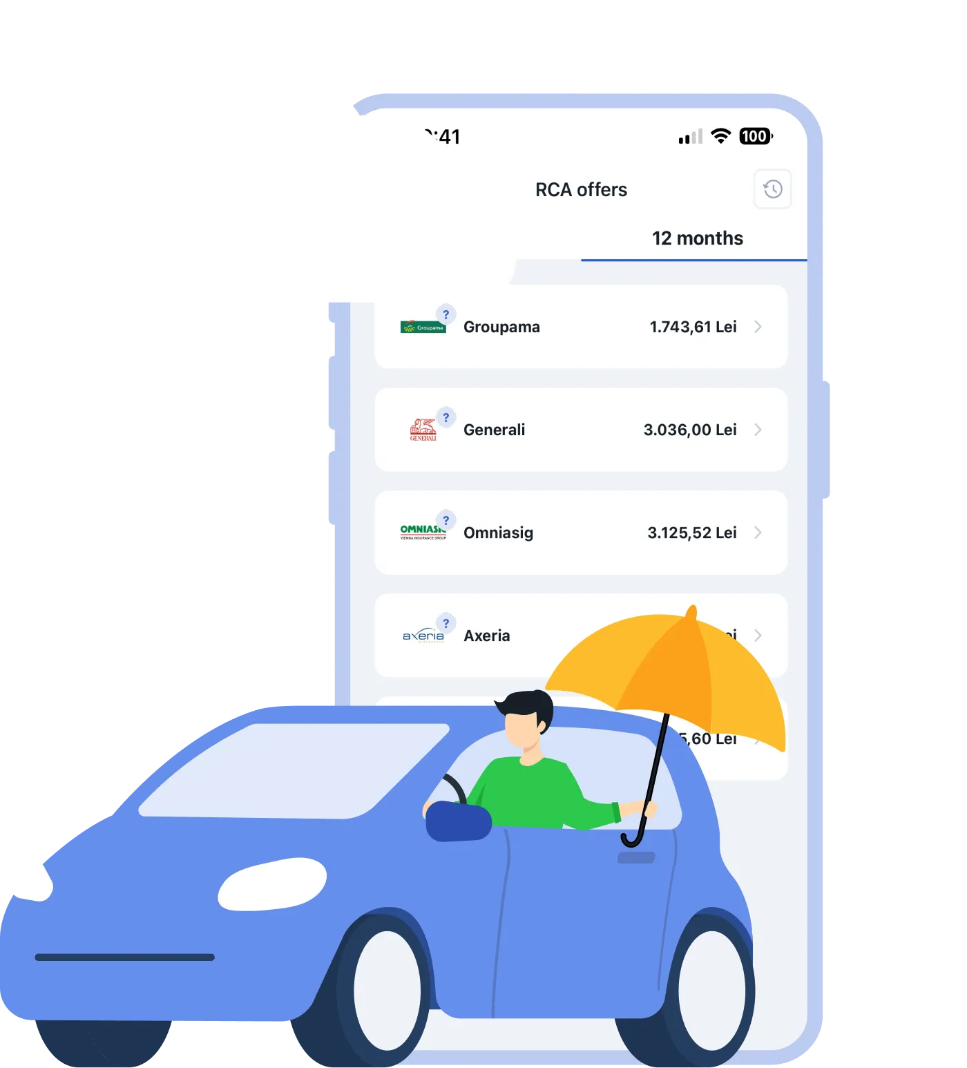 Darstellung des Pago-App-Bildschirms mit RCA-Versicherungsangeboten