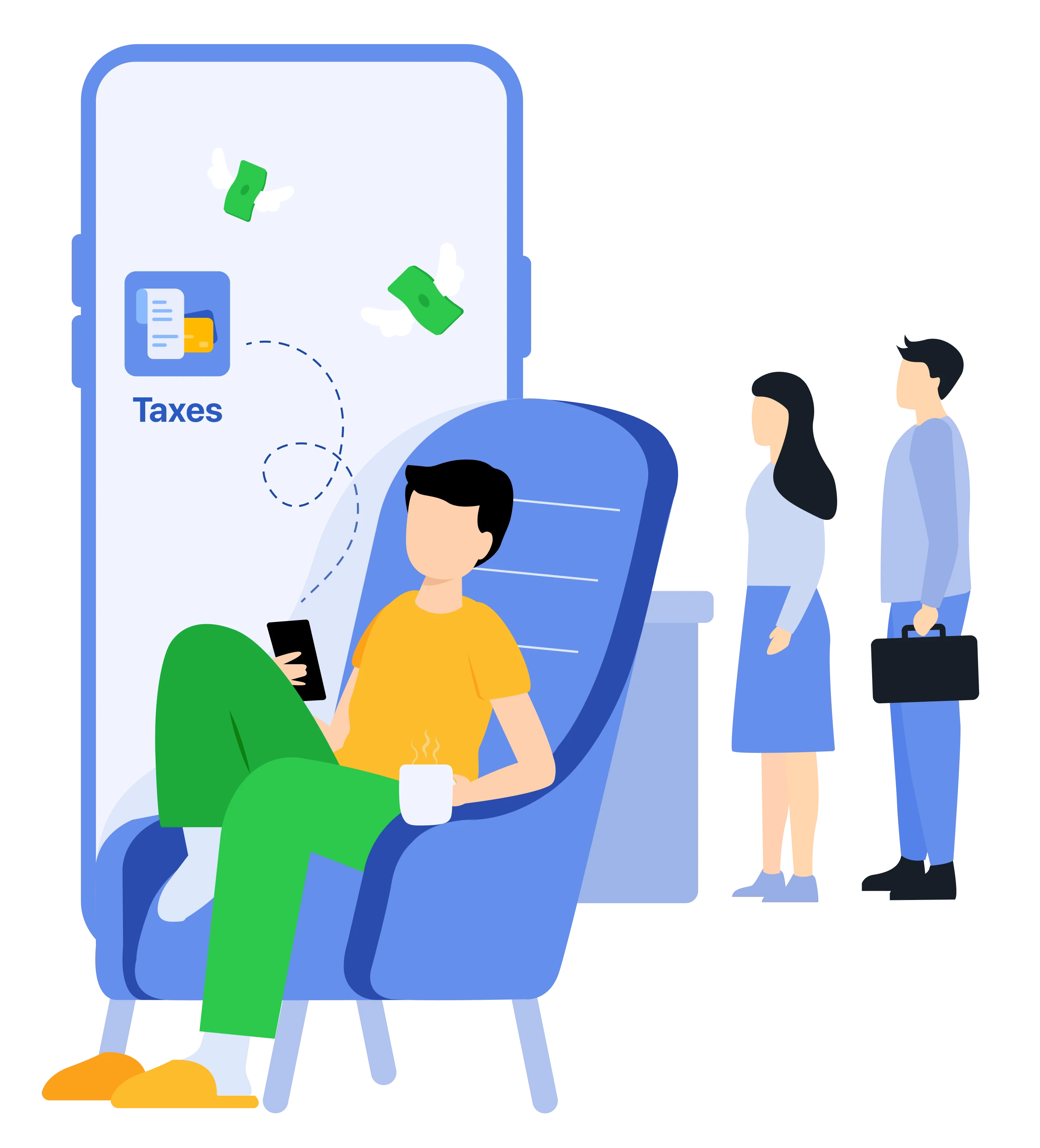 Illustration of the Pago app screen showing taxes and fees