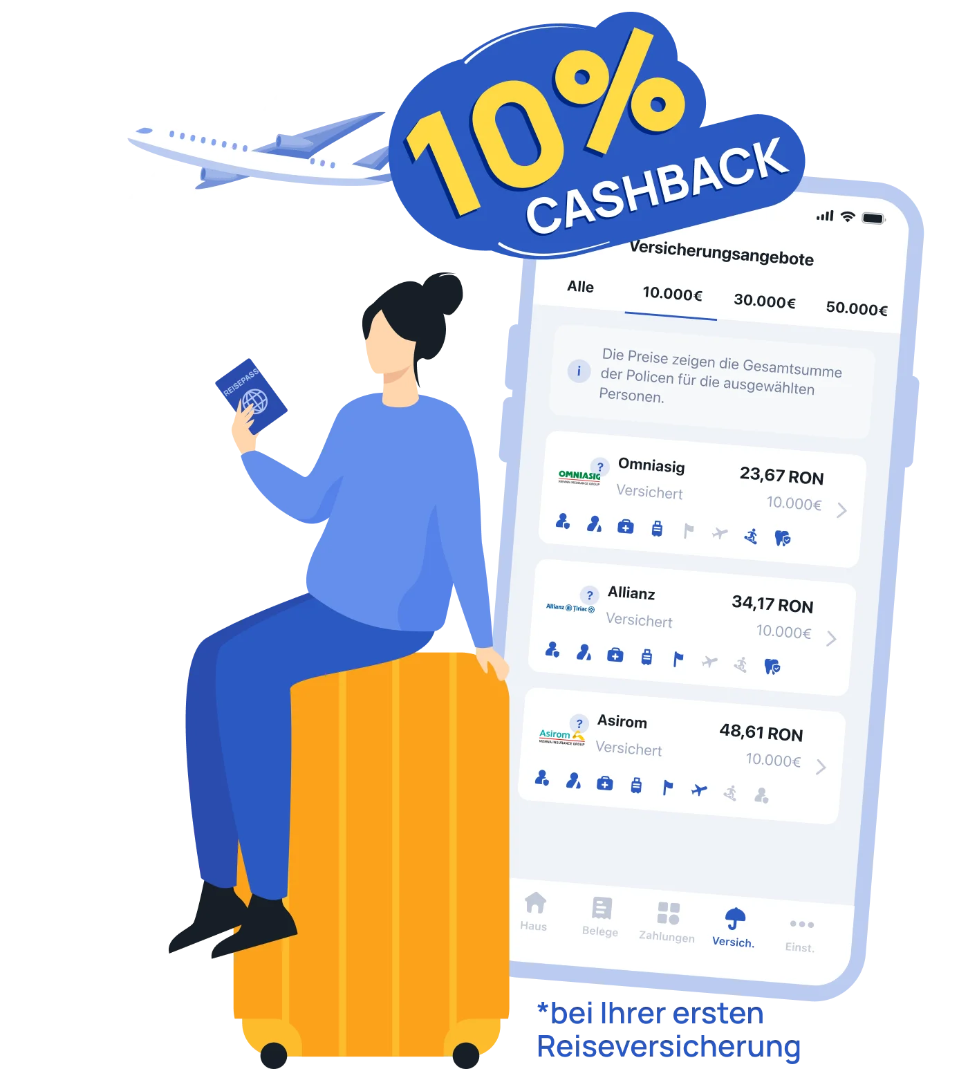 Darstellung des Pago-App-Bildschirms mit Reiseversicherung