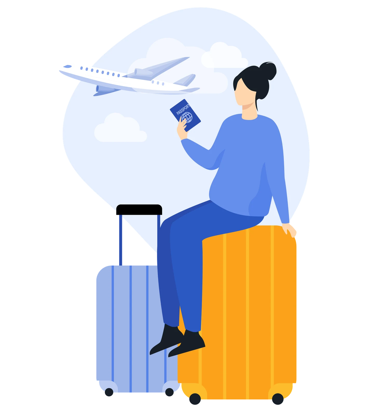 Illustration of a person ready to travel, holding a passport, next to luggage and a plane – Pago travel insurance
