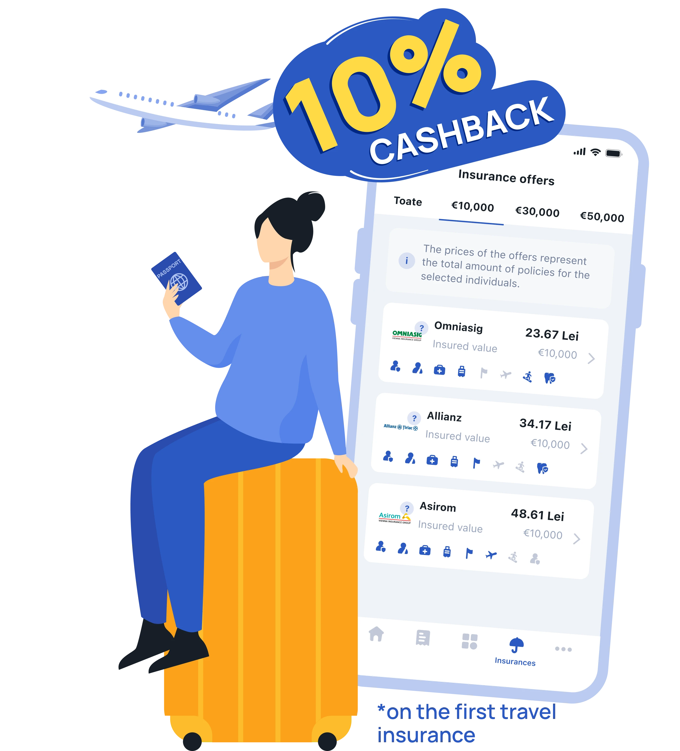 Illustration of the Pago app screen showing travel insurance